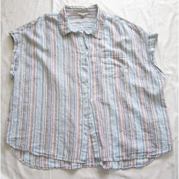 Women's Beach Lunch Lounge Linen Blend Stripe Short Sleeve Shirt Sz 3X (WB269) - Picture 1 of 7